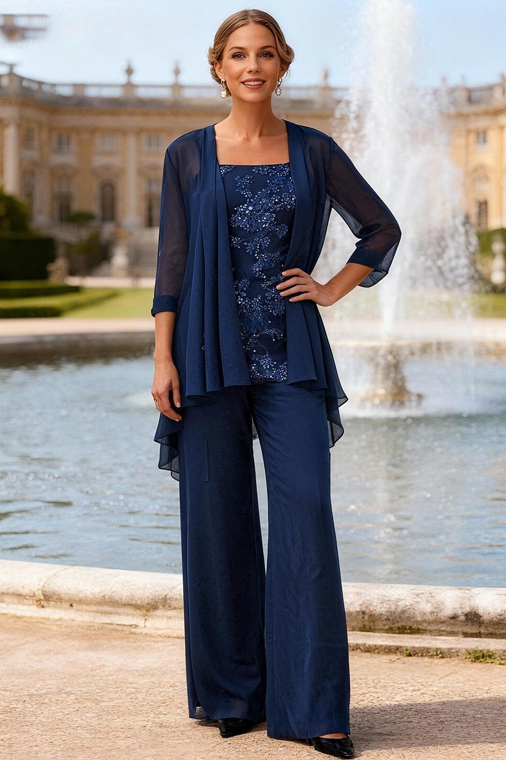 Dreamyannie Navy Square Neck 3 Piece Mother Of The Bride Pant Suits With Jacket