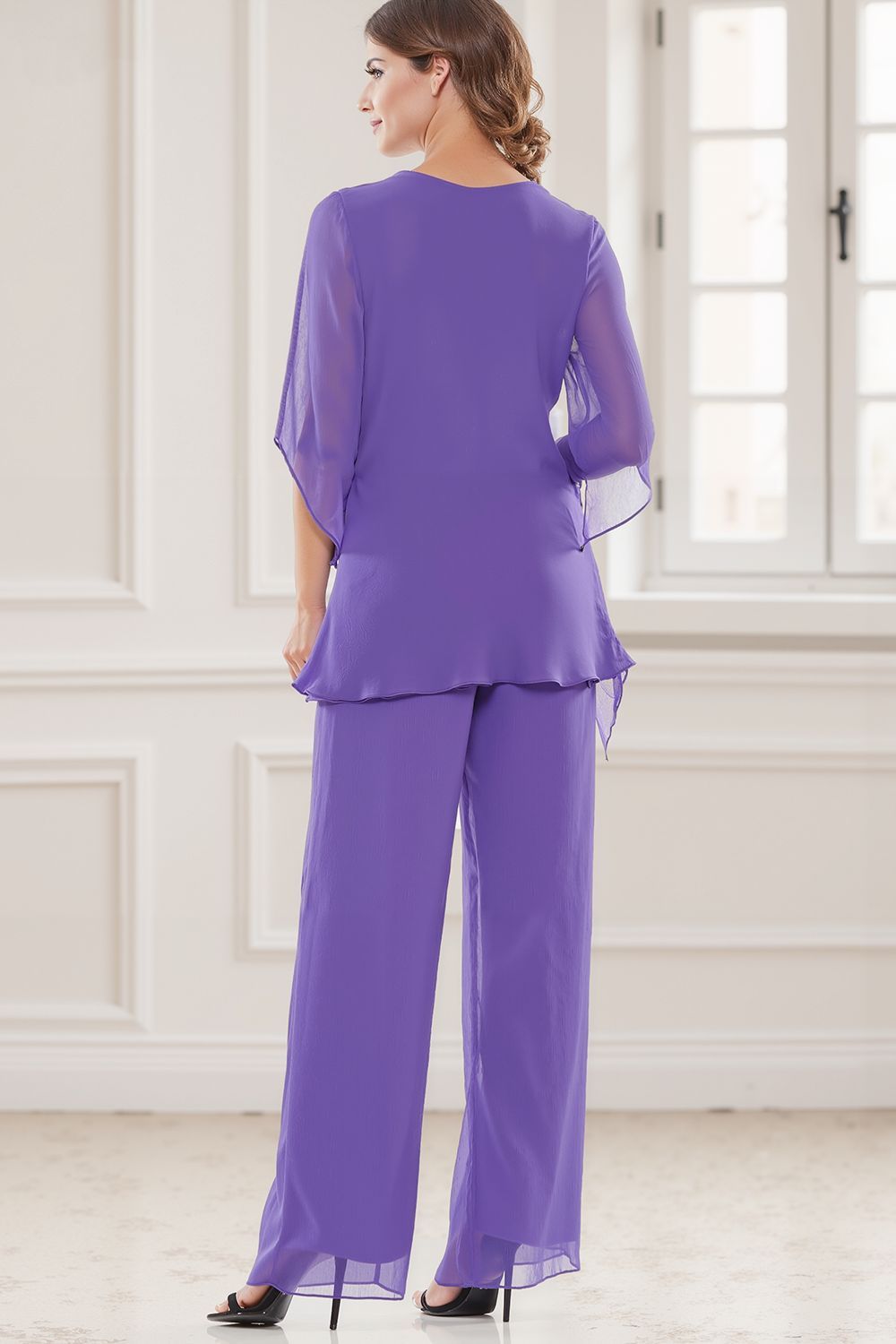 Dreamyannie Navy V Neck Chiffon 2 Piece Mother Of The Bride Pant Suits With Sleeves