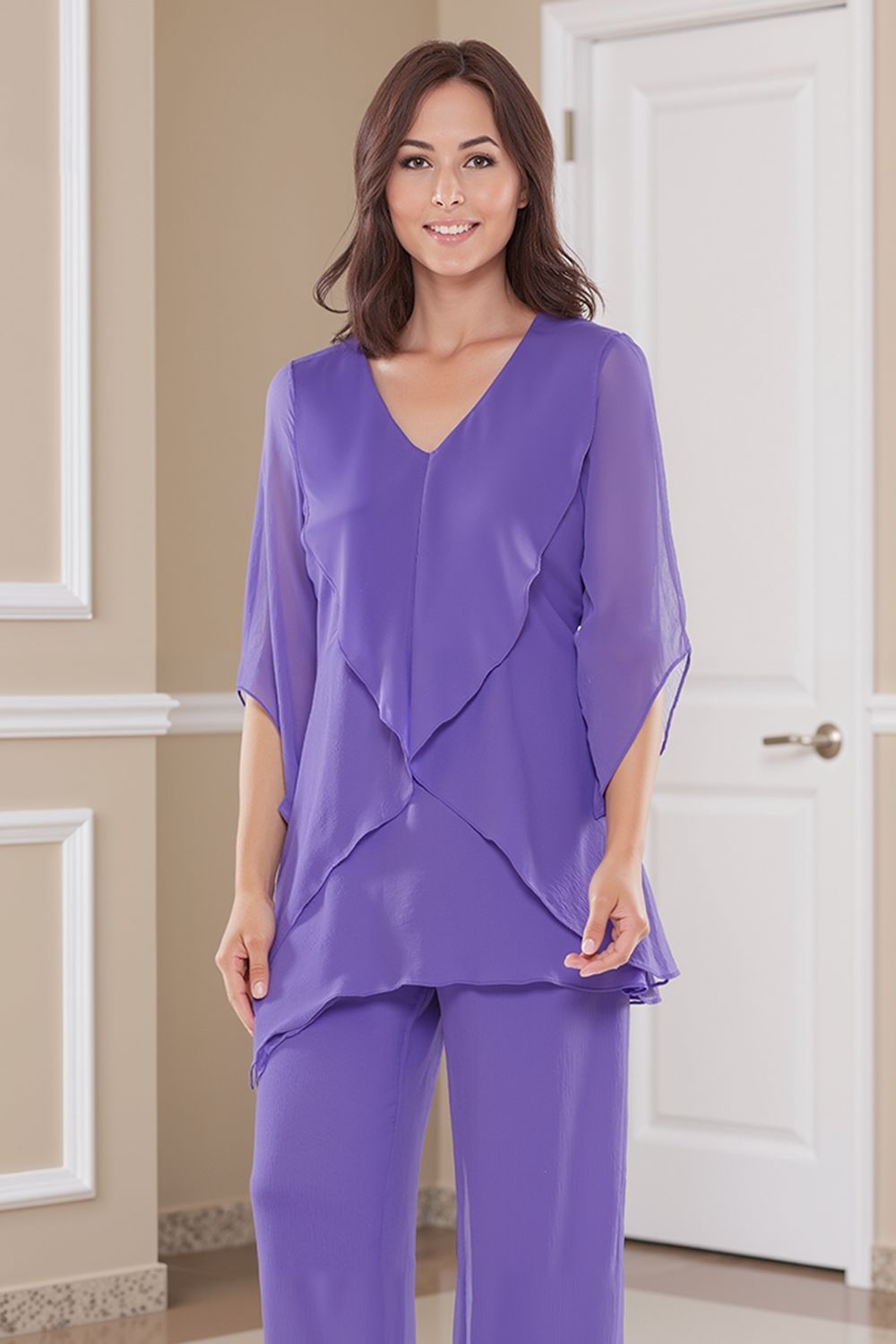 Dreamyannie Navy V Neck Chiffon 2 Piece Mother Of The Bride Pant Suits With Sleeves