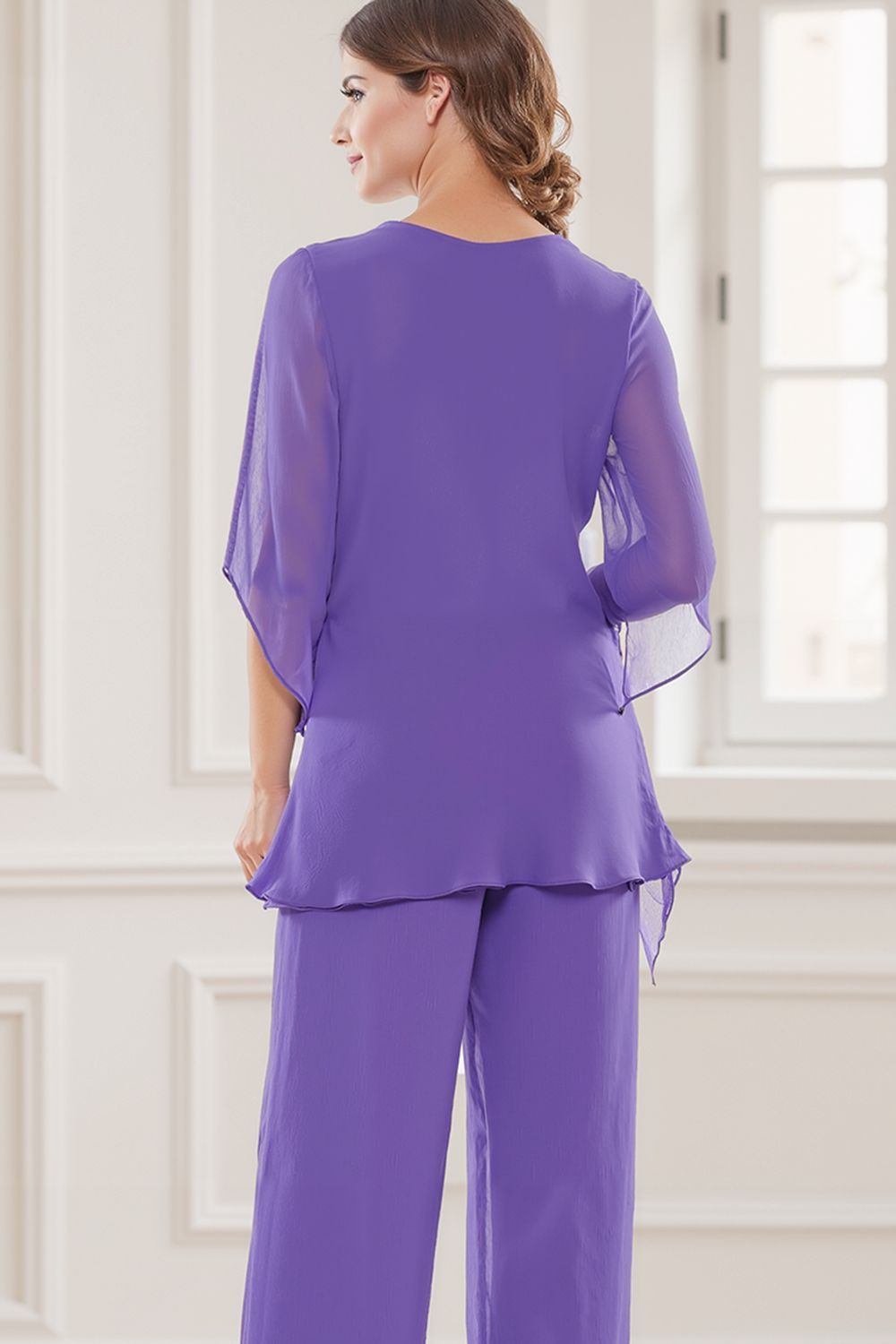 Dreamyannie Navy V Neck Chiffon 2 Piece Mother Of The Bride Pant Suits With Sleeves