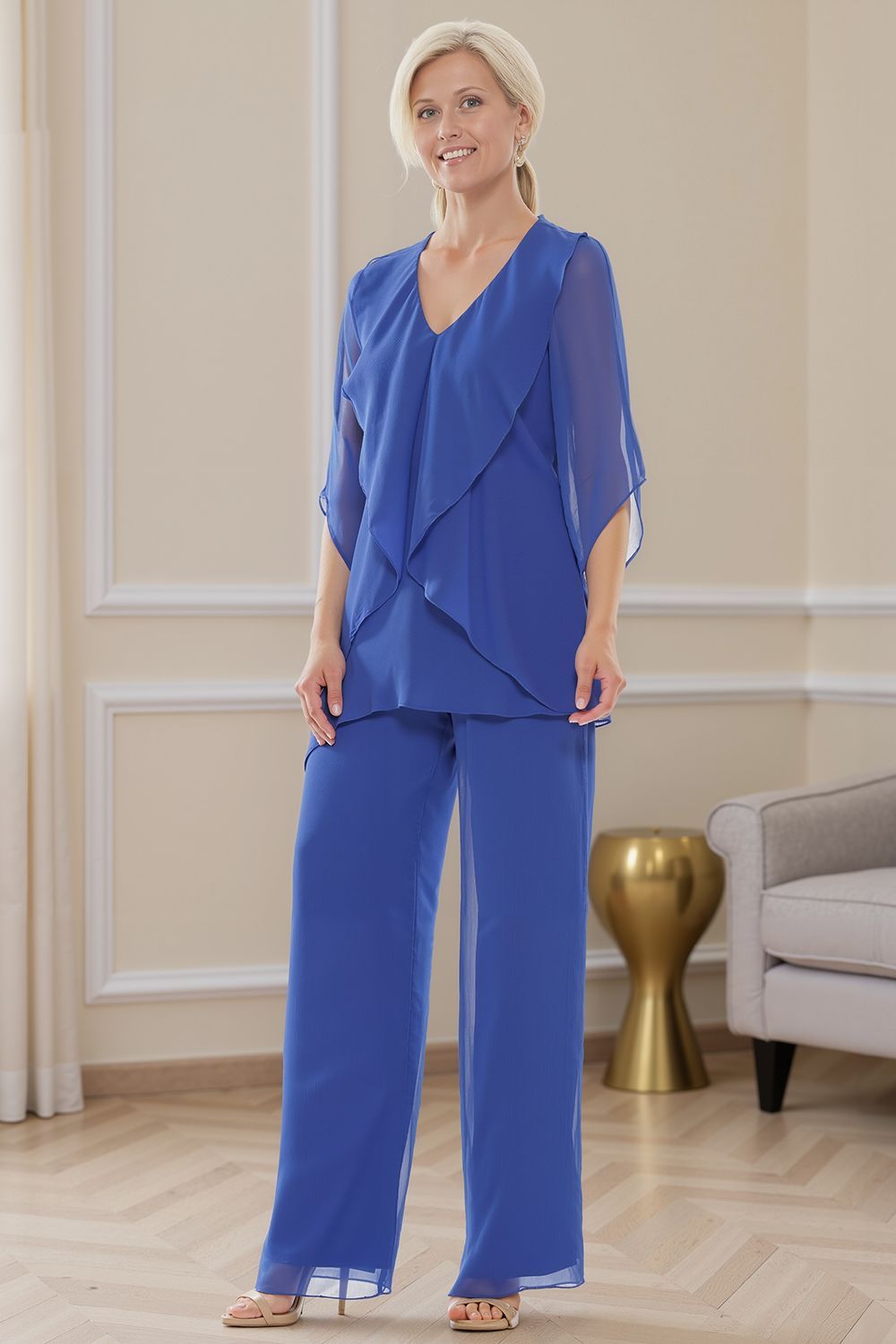 Dreamyannie Navy V Neck Chiffon 2 Piece Mother Of The Bride Pant Suits With Sleeves