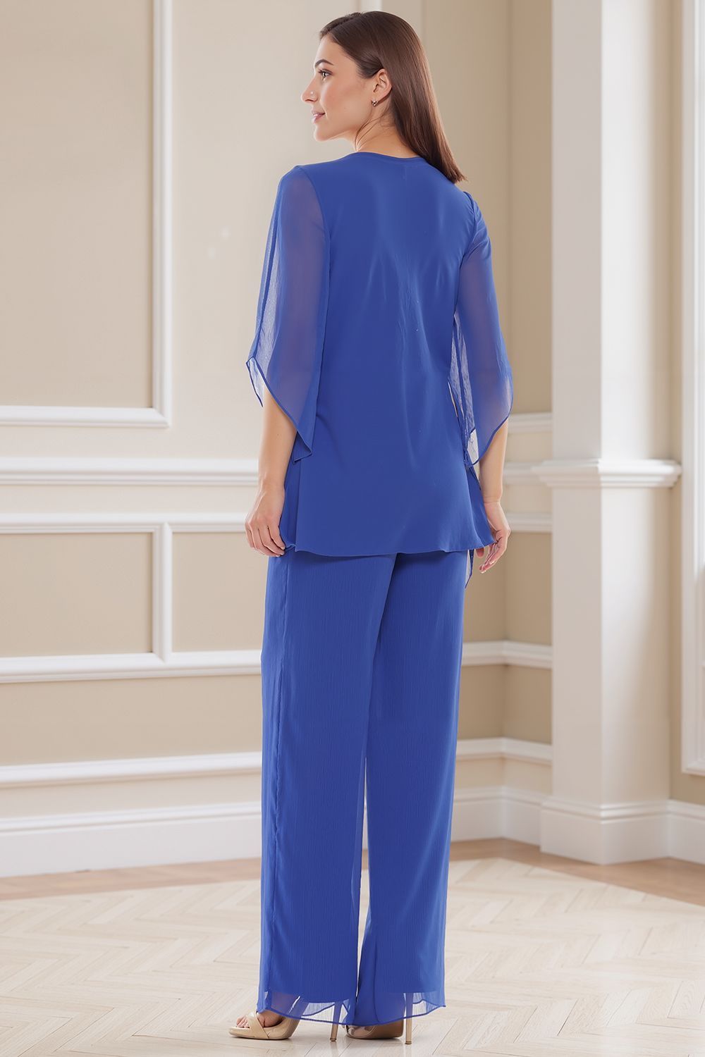 Dreamyannie Navy V Neck Chiffon 2 Piece Mother Of The Bride Pant Suits With Sleeves