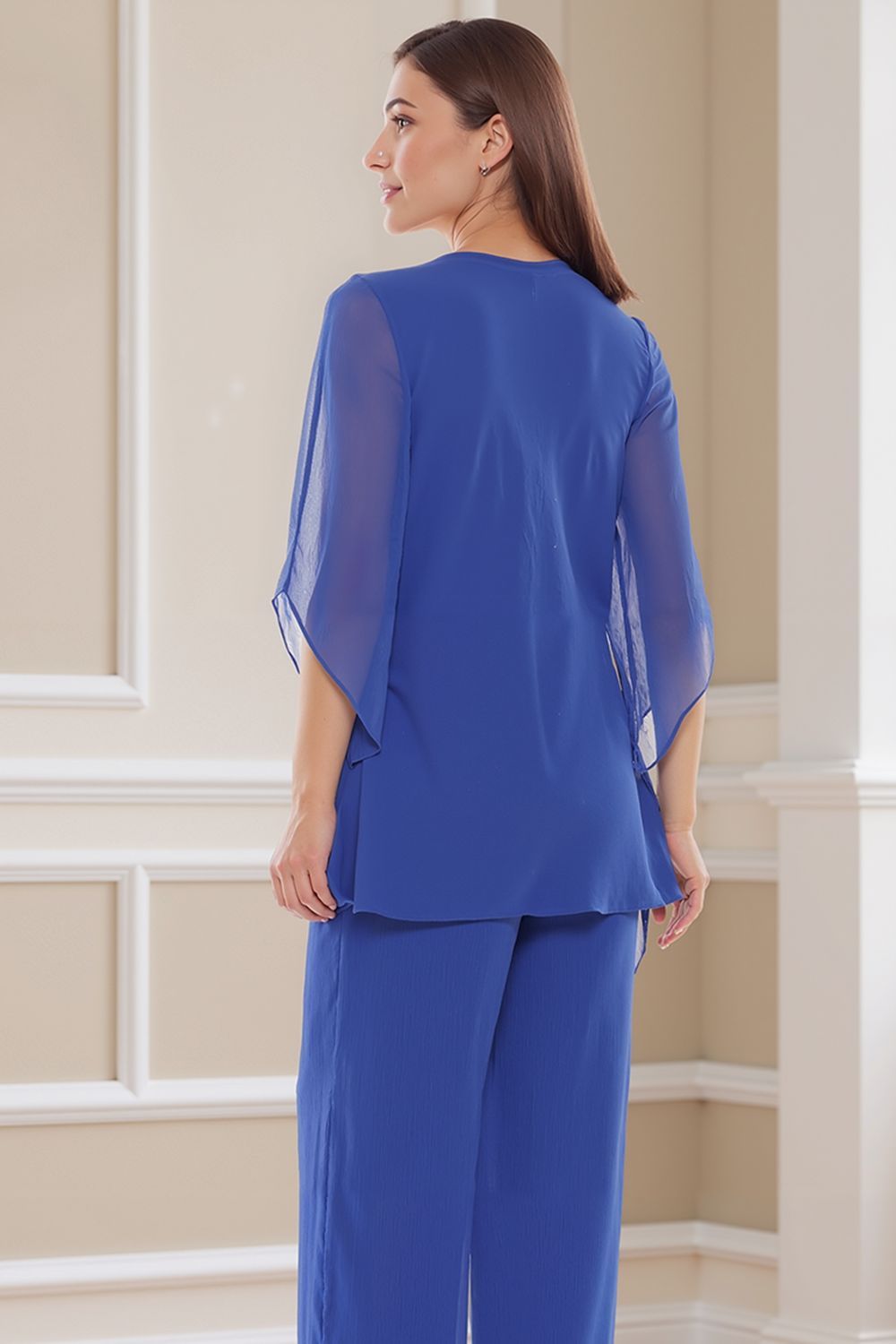 Dreamyannie Navy V Neck Chiffon 2 Piece Mother Of The Bride Pant Suits With Sleeves