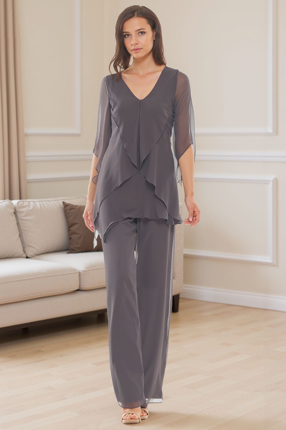 Dreamyannie Navy V Neck Chiffon 2 Piece Mother Of The Bride Pant Suits With Sleeves