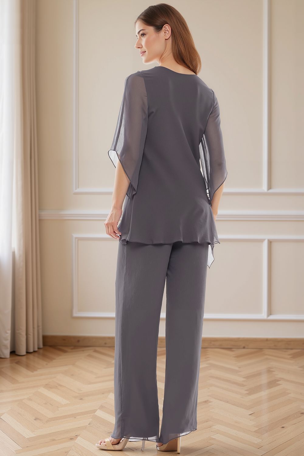 Dreamyannie Navy V Neck Chiffon 2 Piece Mother Of The Bride Pant Suits With Sleeves