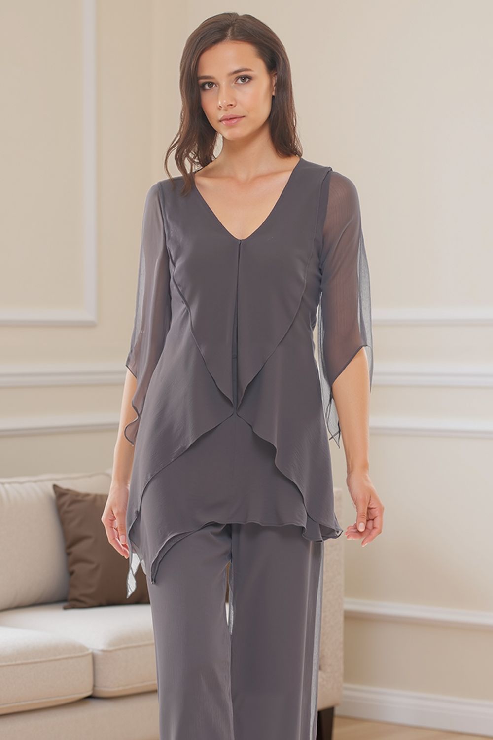 Dreamyannie Navy V Neck Chiffon 2 Piece Mother Of The Bride Pant Suits With Sleeves