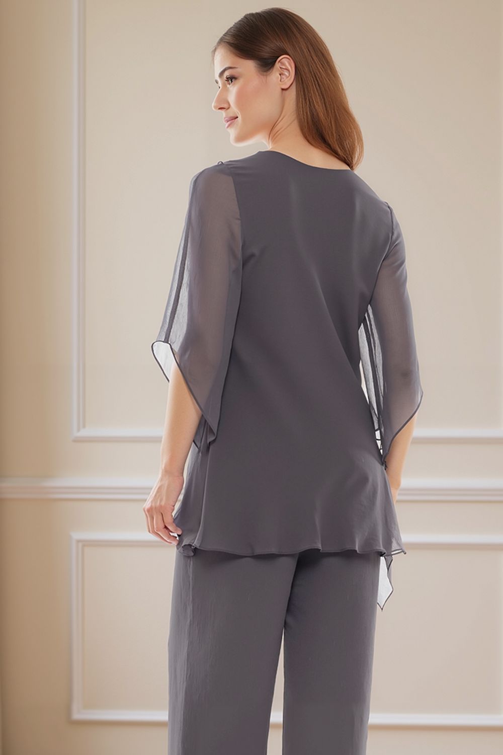 Dreamyannie Navy V Neck Chiffon 2 Piece Mother Of The Bride Pant Suits With Sleeves