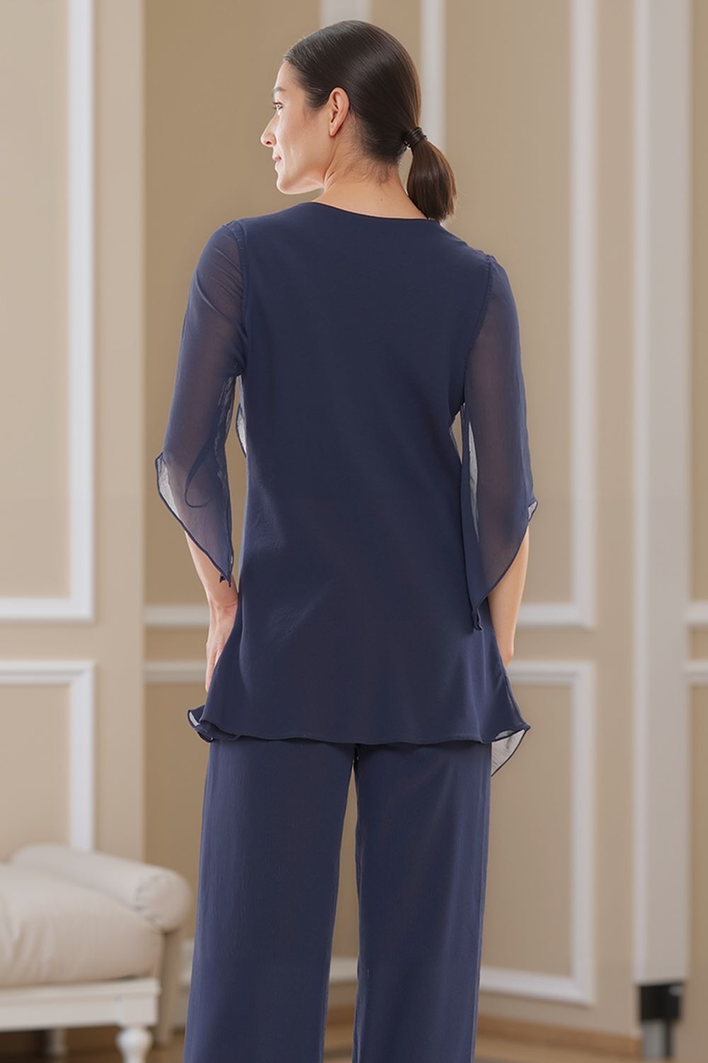 Dreamyannie Navy V Neck Chiffon 2 Piece Mother Of The Bride Pant Suits With Sleeves