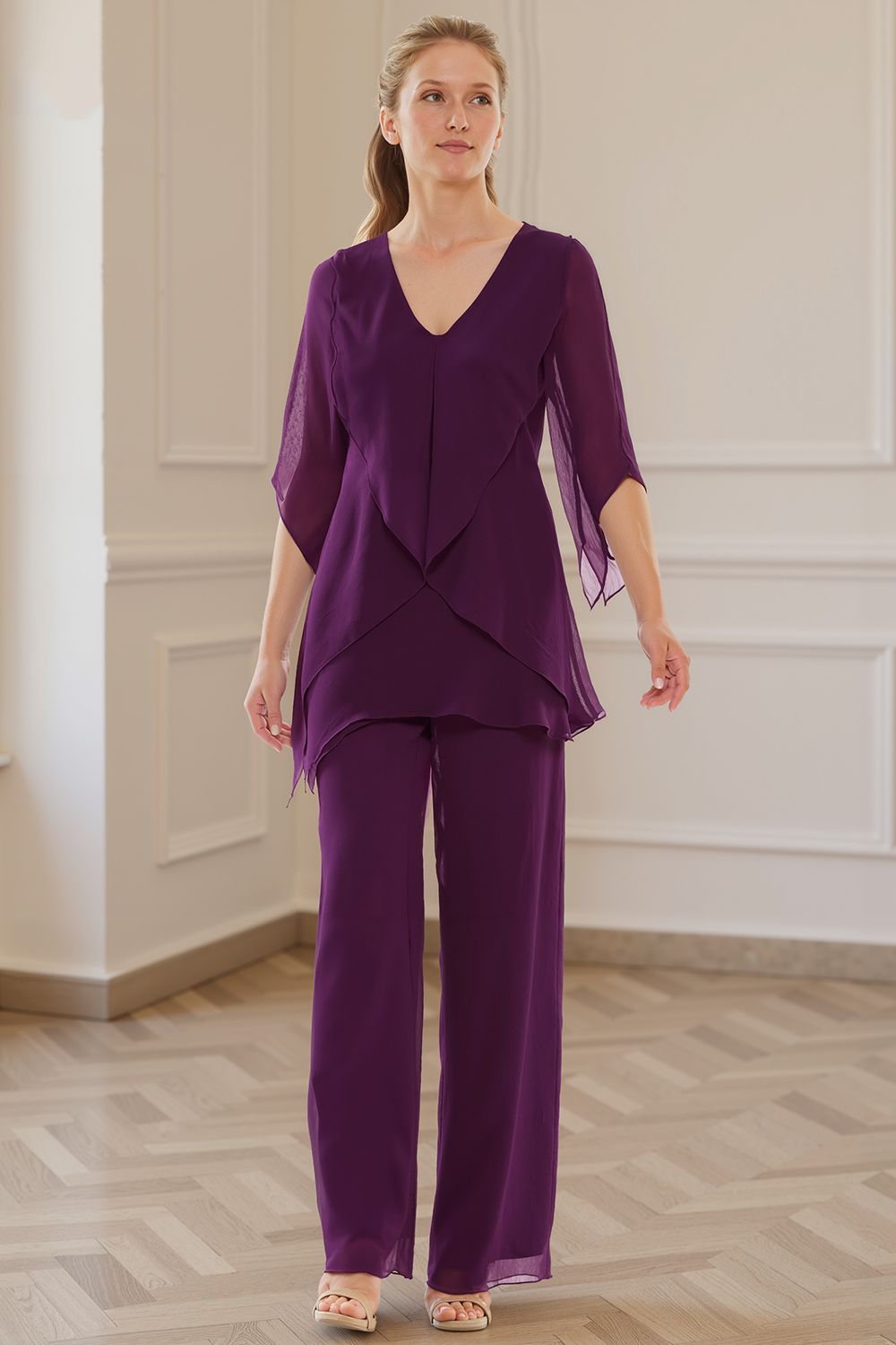 Dreamyannie Navy V Neck Chiffon 2 Piece Mother Of The Bride Pant Suits With Sleeves