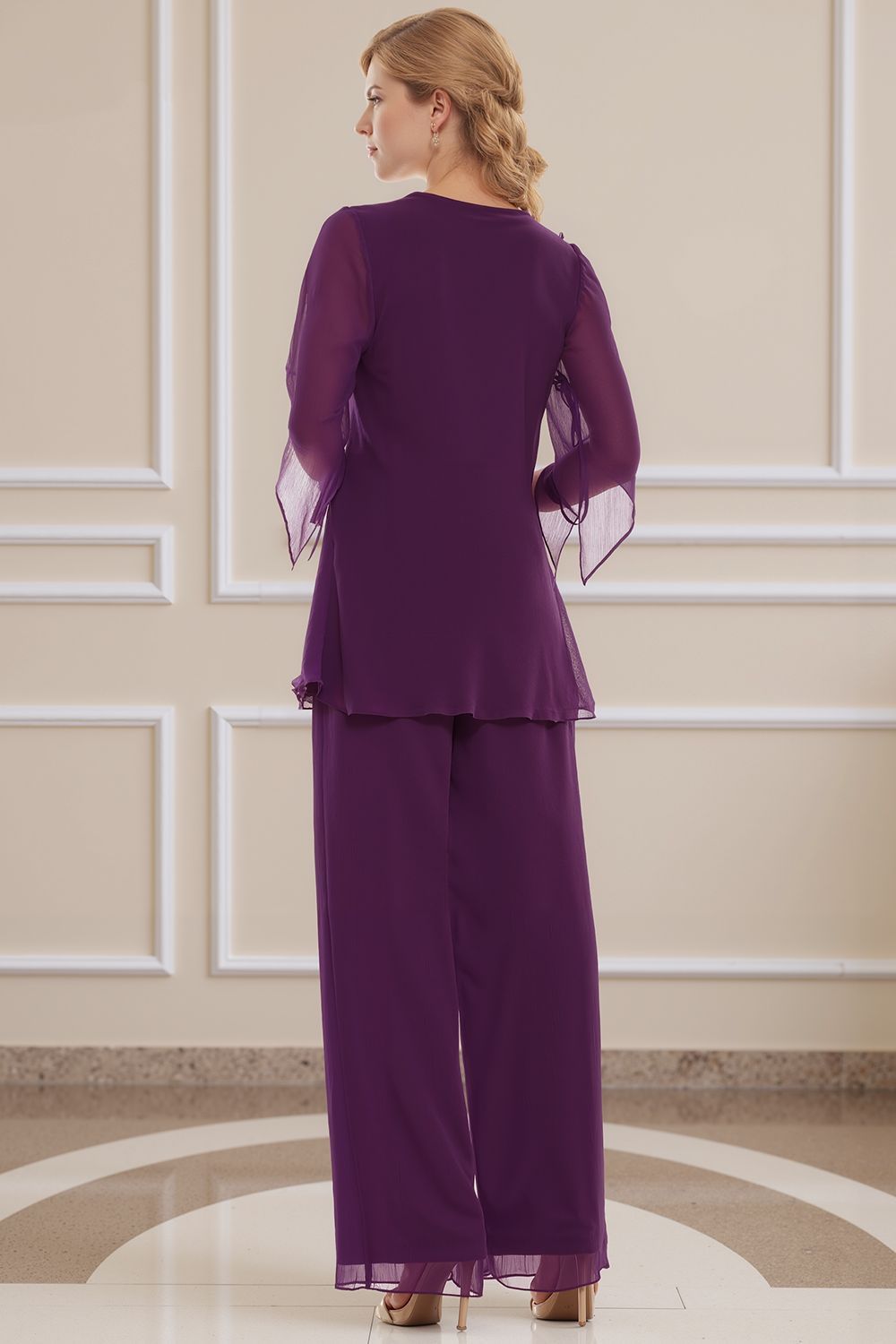 Dreamyannie Navy V Neck Chiffon 2 Piece Mother Of The Bride Pant Suits With Sleeves