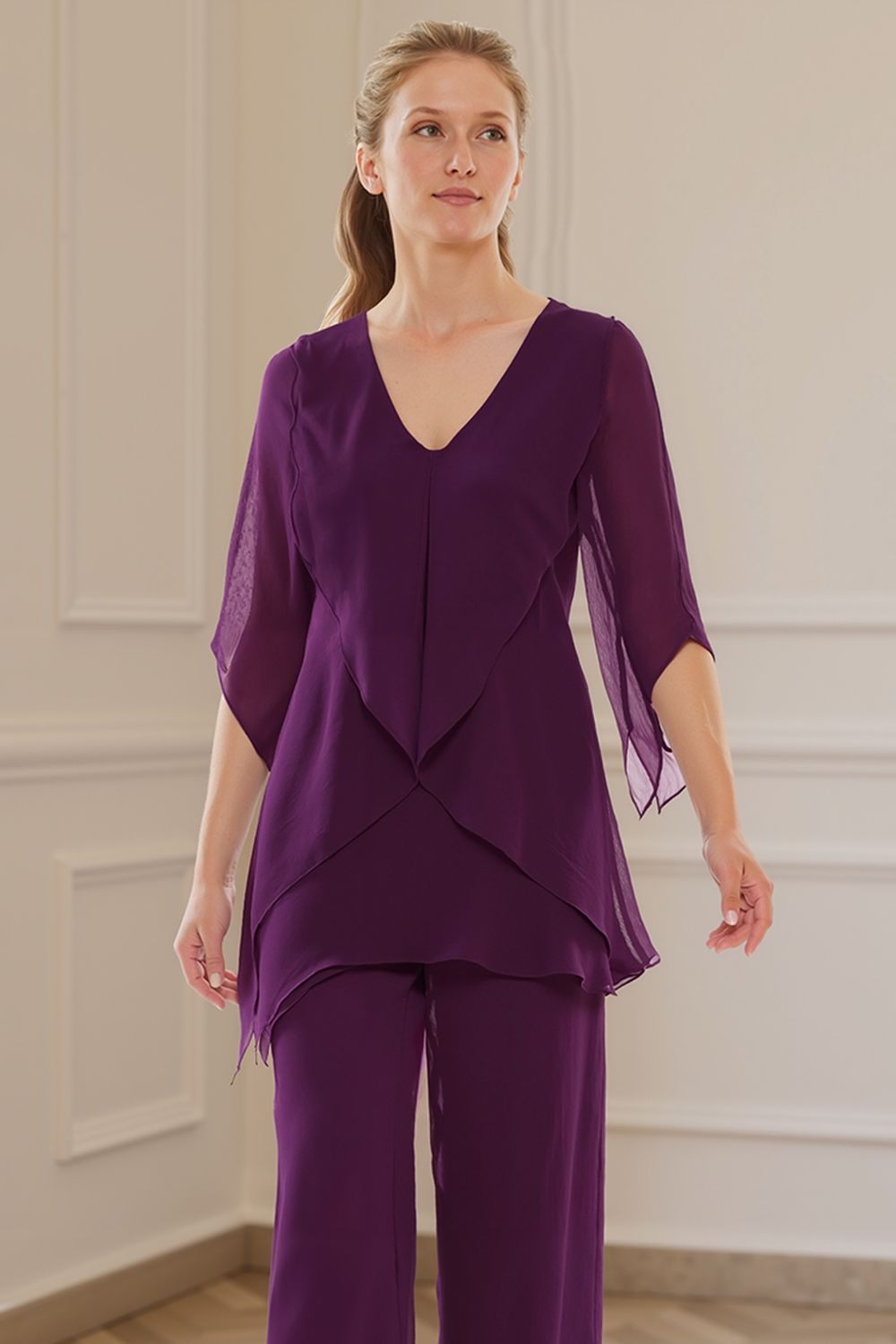 Dreamyannie Navy V Neck Chiffon 2 Piece Mother Of The Bride Pant Suits With Sleeves