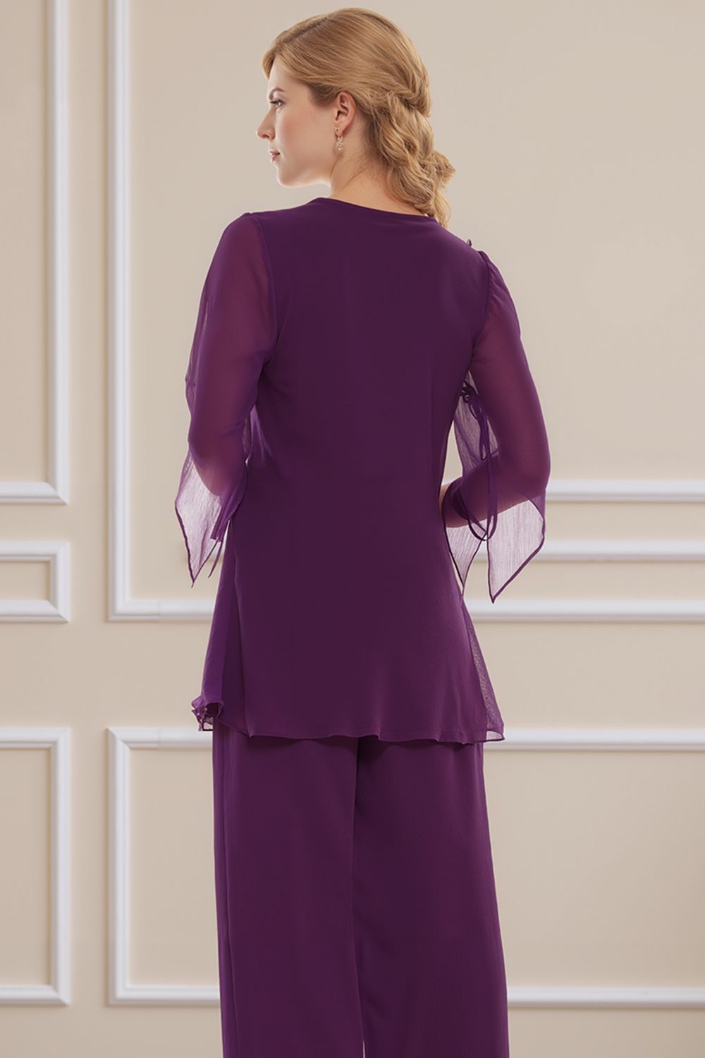 Dreamyannie Navy V Neck Chiffon 2 Piece Mother Of The Bride Pant Suits With Sleeves