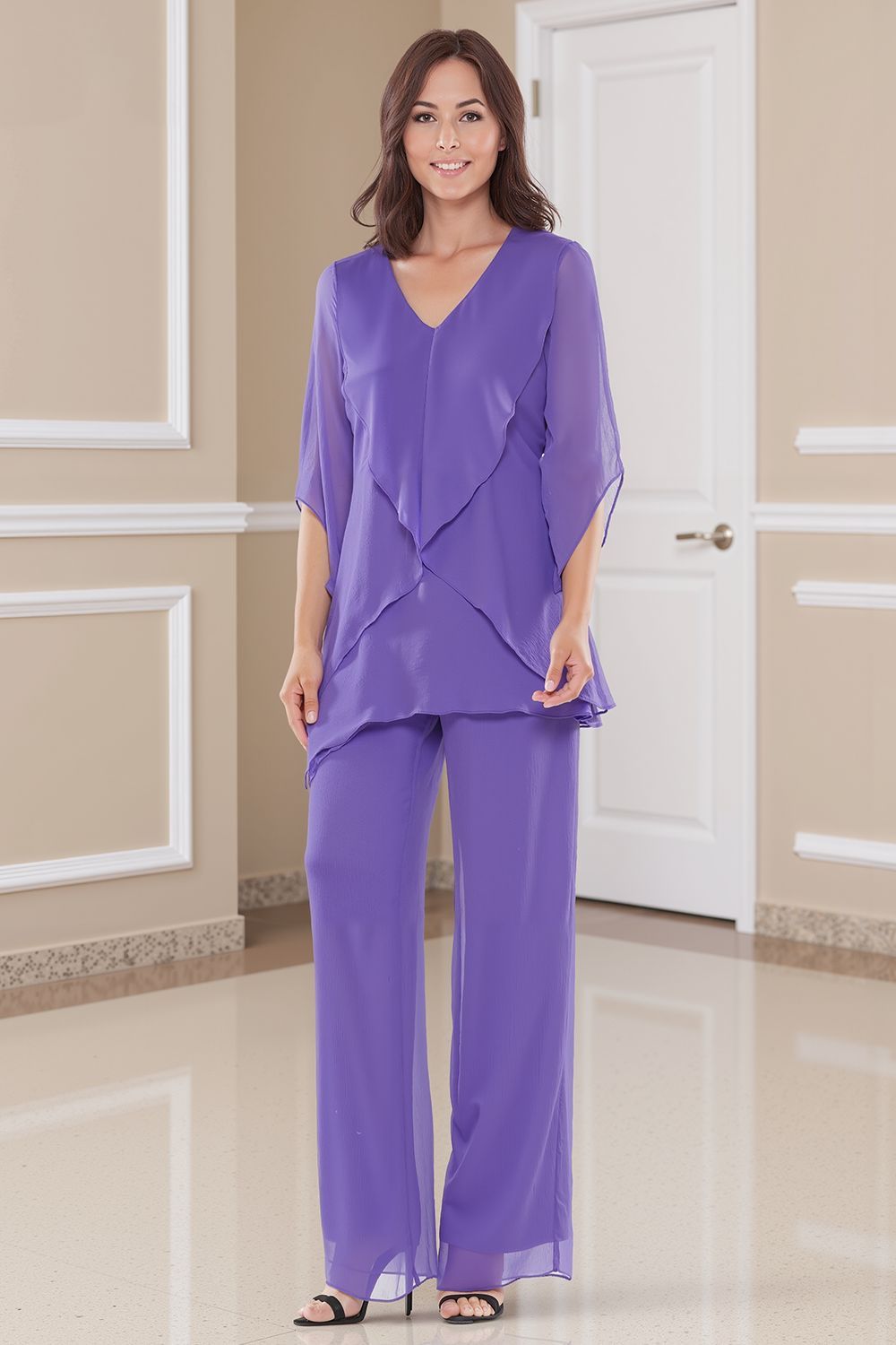 Dreamyannie Navy V Neck Chiffon 2 Piece Mother Of The Bride Pant Suits With Sleeves