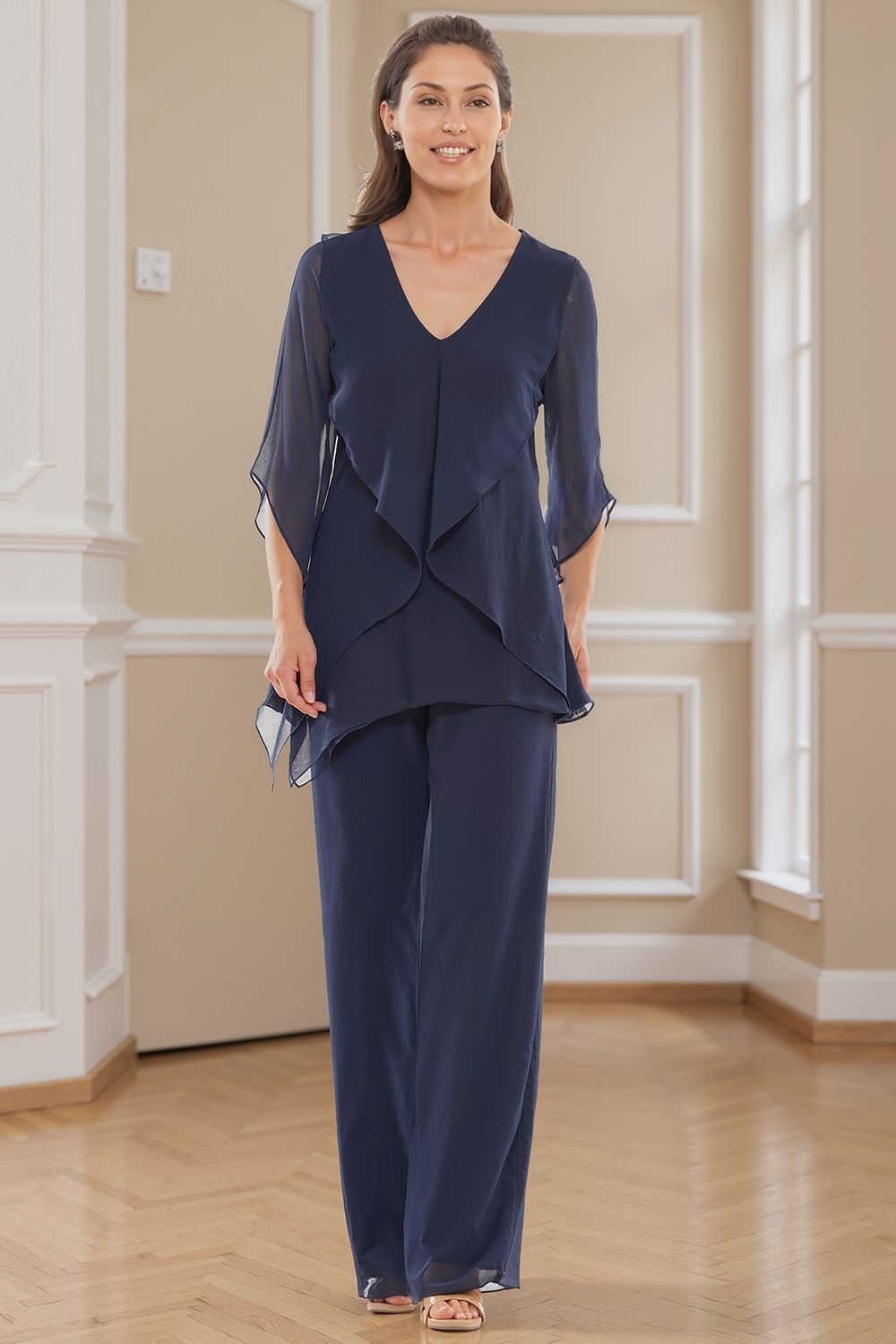 Dreamyannie Navy V Neck Chiffon 2 Piece Mother Of The Bride Pant Suits With Sleeves