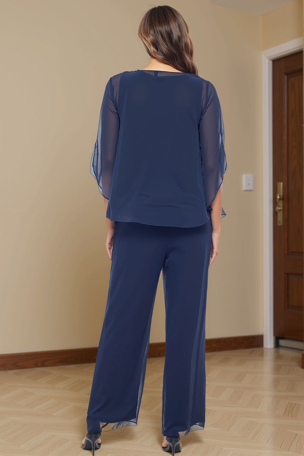 Dreamyannie Navy V Neck Chiffon 3 Piece Mother Of The Bride Pant Suits With Jacket