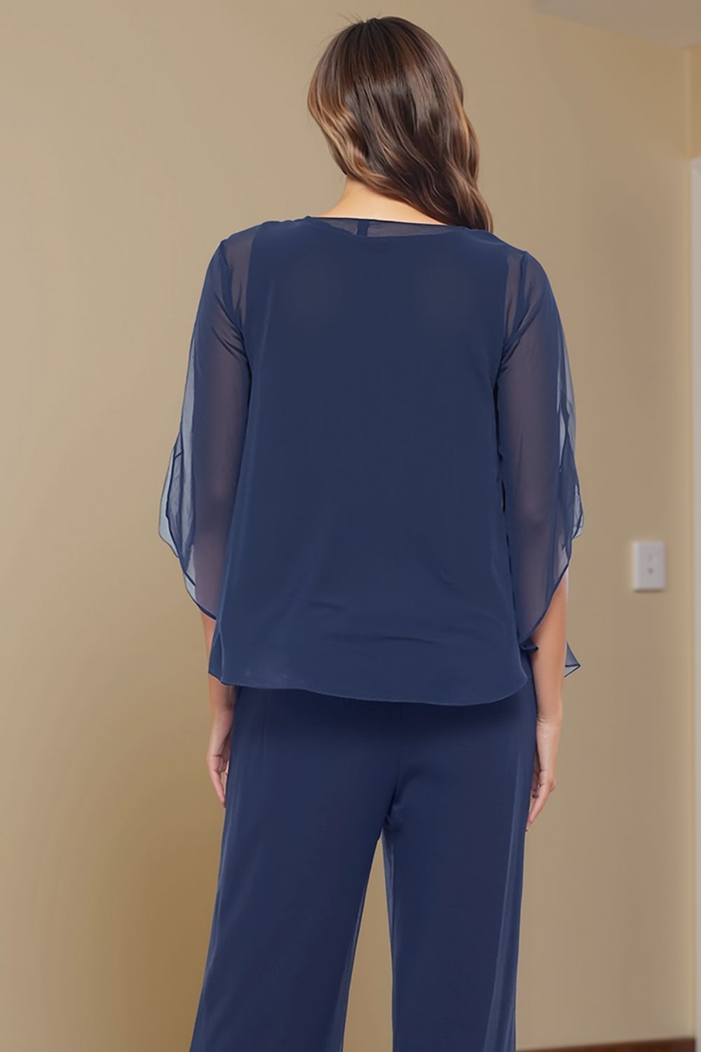 Dreamyannie Navy V Neck Chiffon 3 Piece Mother Of The Bride Pant Suits With Jacket