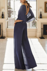 Dreamyannie Navy V Neck Chiffon Floor Length Mother Of The Bride Jumpsuits With Sleeves