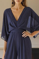 Dreamyannie Navy V Neck Chiffon Floor Length Mother Of The Bride Jumpsuits With Sleeves