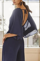 Dreamyannie Navy V Neck Chiffon Floor Length Mother Of The Bride Jumpsuits With Sleeves