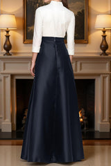 Dreamyannie Navy V Neck Floor Length Mother Of The Bride Pant Suits With Cape
