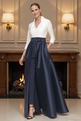 Dreamyannie Navy V Neck Floor Length Mother Of The Bride Pant Suits With Cape
