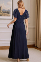 Dreamyannie Navy V Neck Ruffled A Line High Low Mother Of The Bride Dress