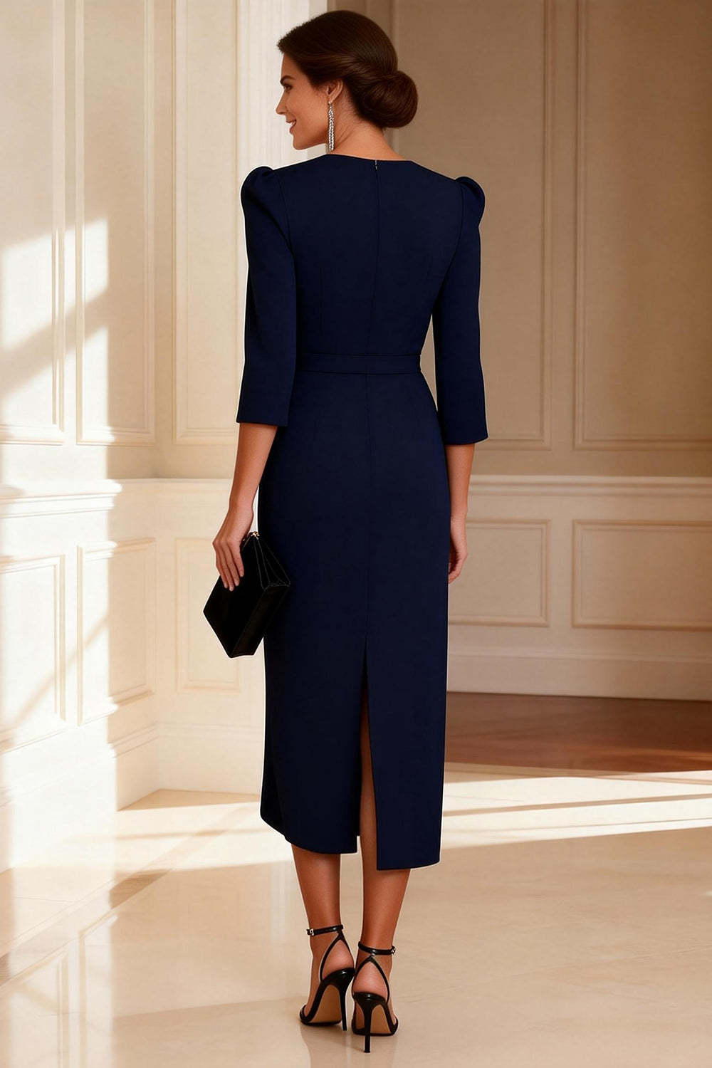 Dreamyannie Navy V Neck Sheath Midi Mother Of The Bride Dress With Sleeves