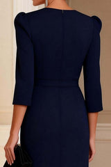 Dreamyannie Navy V Neck Sheath Midi Mother Of The Bride Dress With Sleeves