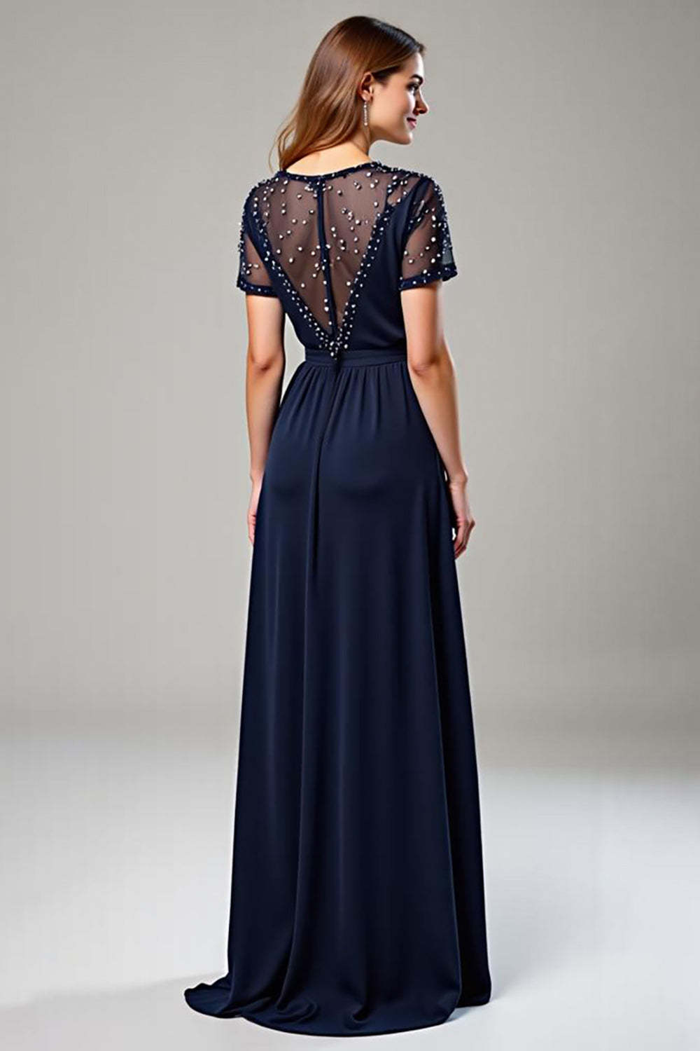 Dreamyannie Navy Wedding Guest Dress Chiffon Deep V-Neck Long Formal Dress