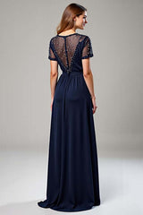 Dreamyannie Navy Wedding Guest Dress Chiffon Deep V-Neck Long Formal Dress