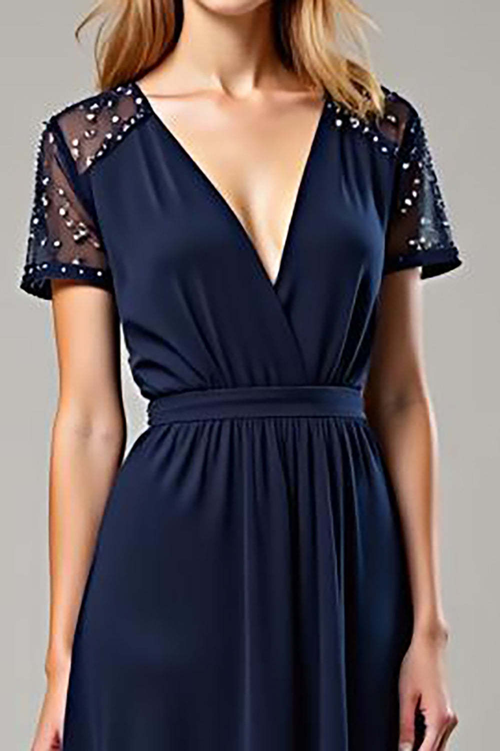 Dreamyannie Navy Wedding Guest Dress Chiffon Deep V-Neck Long Formal Dress