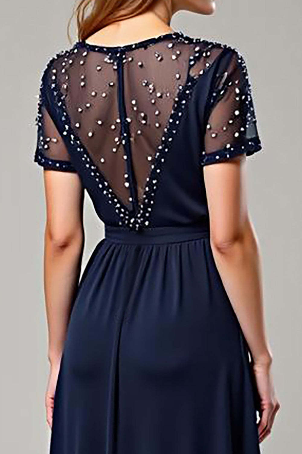 Dreamyannie Navy Wedding Guest Dress Chiffon Deep V-Neck Long Formal Dress