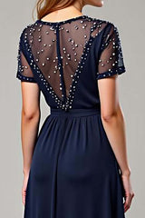 Dreamyannie Navy Wedding Guest Dress Chiffon Deep V-Neck Long Formal Dress