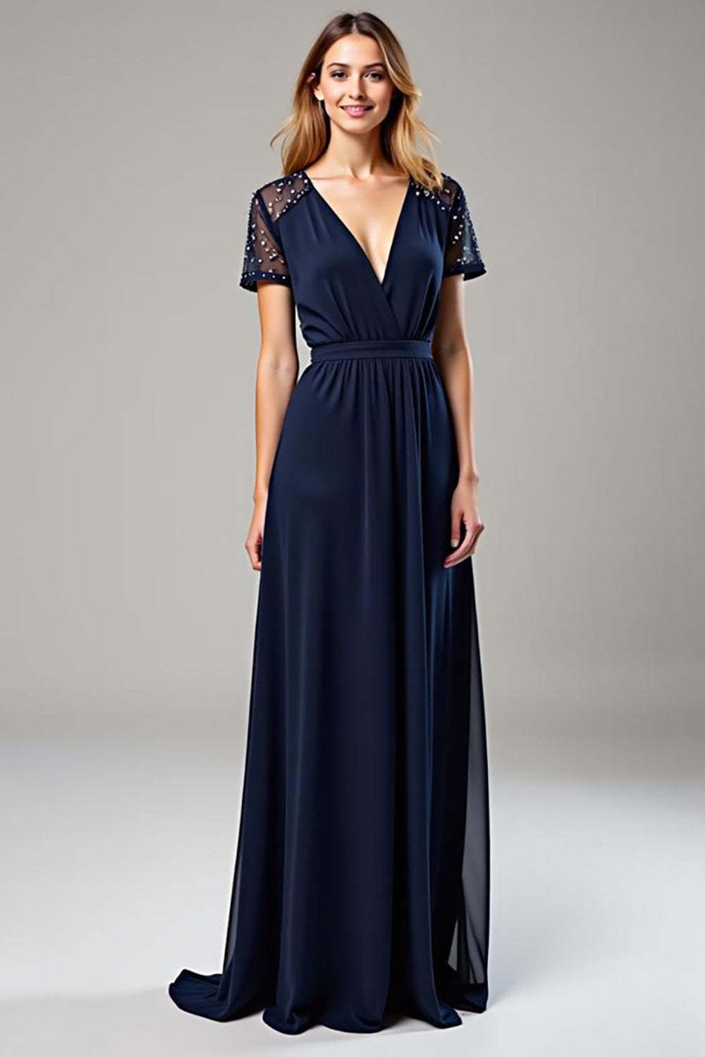 Dreamyannie Navy Wedding Guest Dress Chiffon Deep V-Neck Long Formal Dress