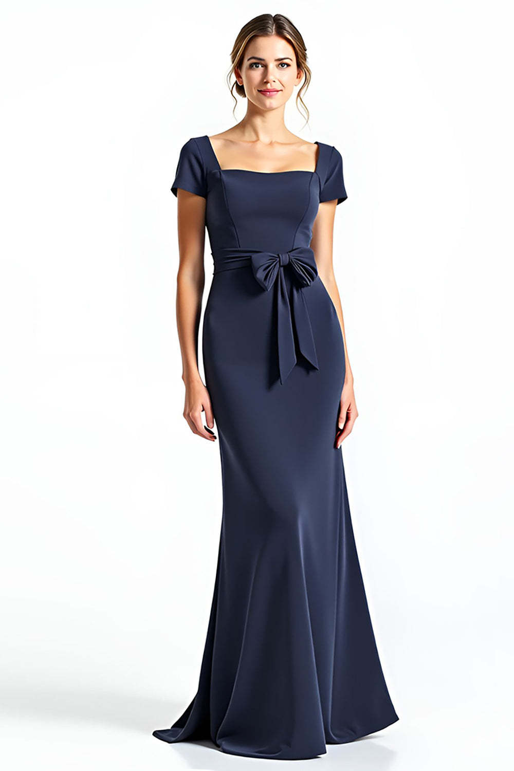 Dreamyannie Navy Wedding Guest Dress Square Neck Long Formal Dress With Bowknot