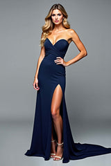 Dreamyannie Navy Wedding Guest Dress Sweetheart Long Formal Dress With Slit