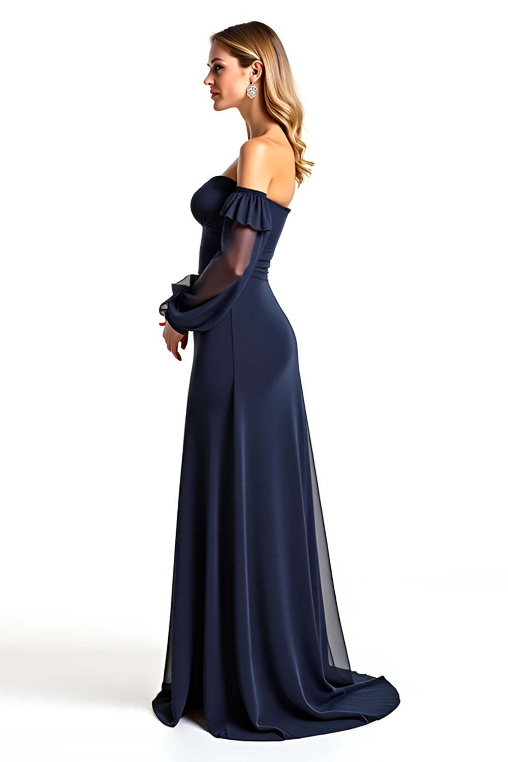 Dreamyannie Navy Wedding Guest Dress Sweetheart Long Sheer Sleeves Formal Dress With Ruffles