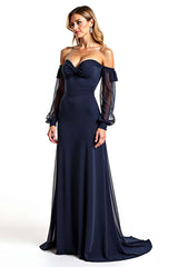 Dreamyannie Navy Wedding Guest Dress Sweetheart Long Sheer Sleeves Formal Dress With Ruffles