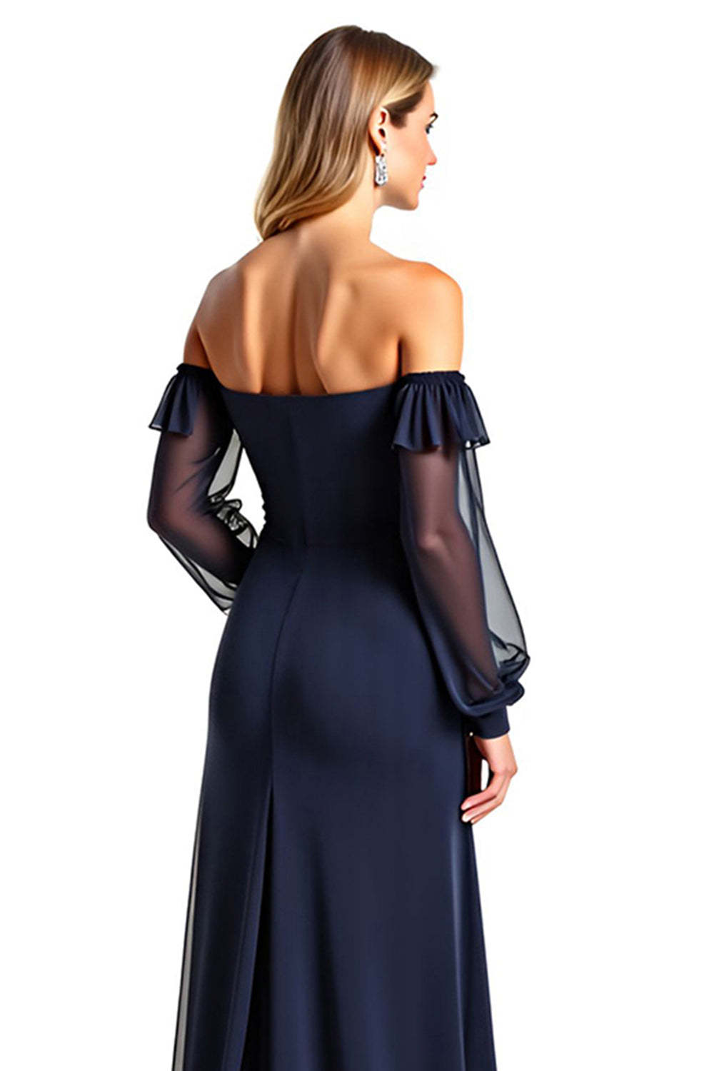 Dreamyannie Navy Wedding Guest Dress Sweetheart Long Sheer Sleeves Formal Dress With Ruffles