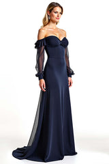 Dreamyannie Navy Wedding Guest Dress Sweetheart Long Sheer Sleeves Formal Dress With Ruffles