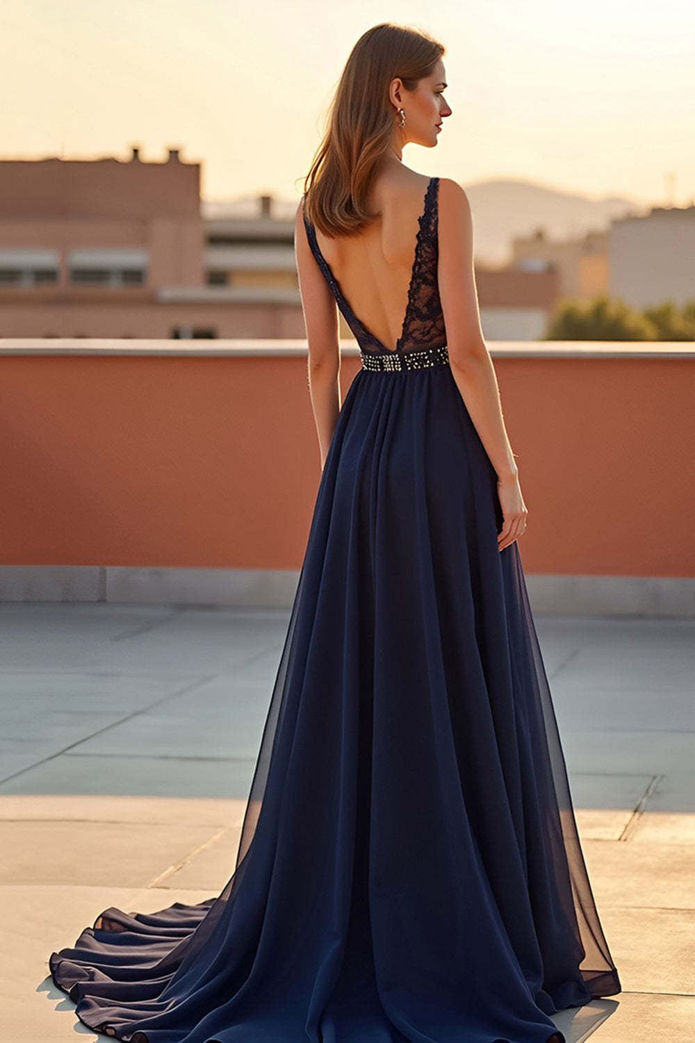 Dreamyannie Navy Wedding Guest Dress Tulle A Line V-Neck Long Formal Dress