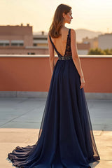 Dreamyannie Navy Wedding Guest Dress Tulle A Line V-Neck Long Formal Dress