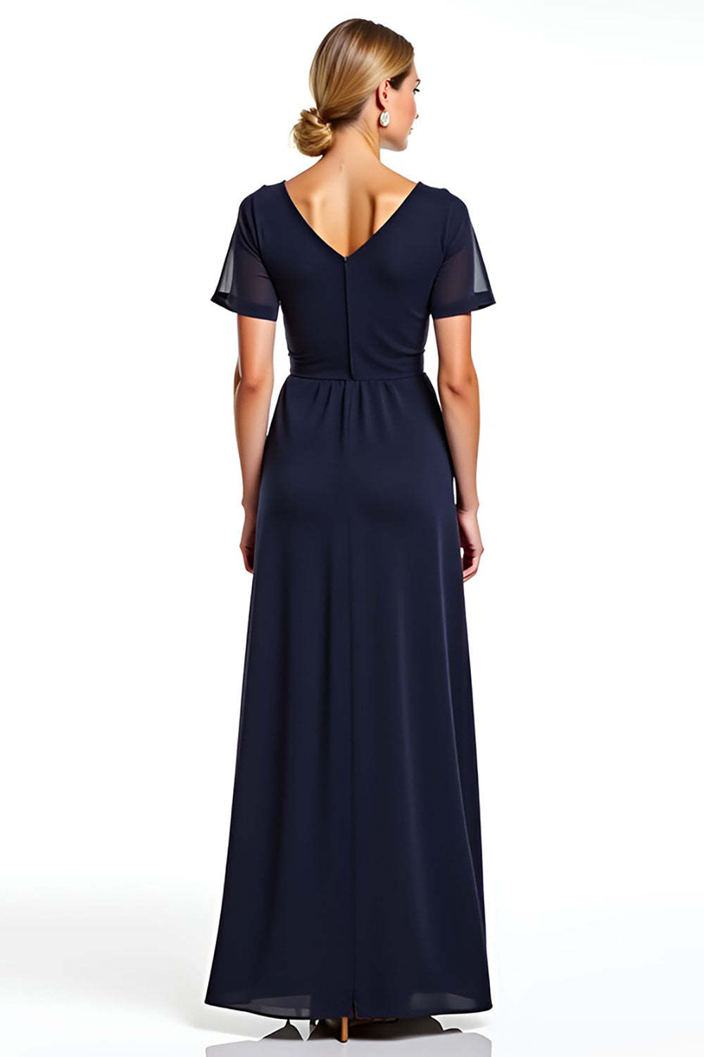 Dreamyannie Navy Wedding Guest Dress V-Neck Long Chiffon Formal Dress