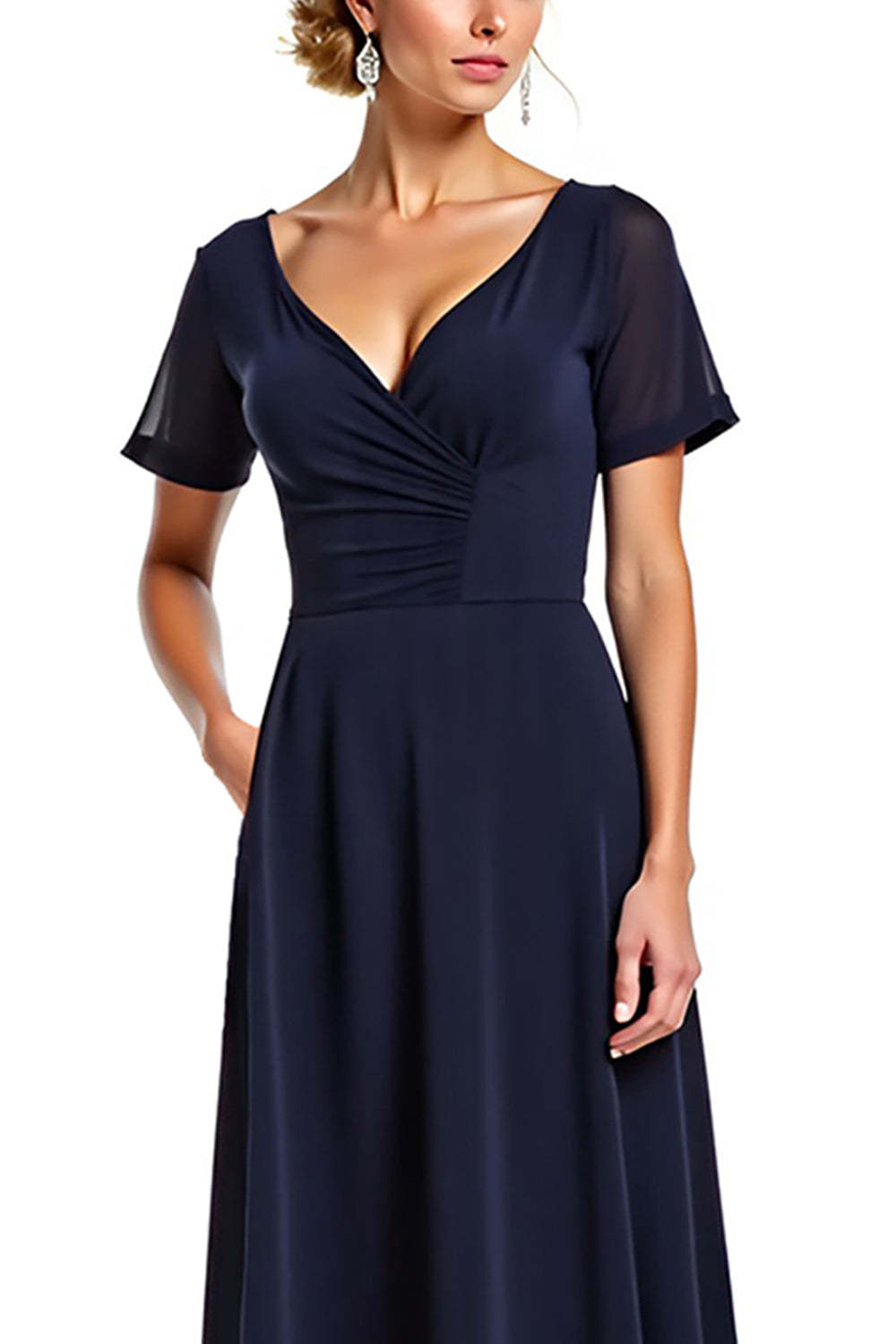 Dreamyannie Navy Wedding Guest Dress V-Neck Long Chiffon Formal Dress