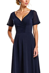 Dreamyannie Navy Wedding Guest Dress V-Neck Long Chiffon Formal Dress