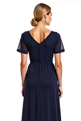 Dreamyannie Navy Wedding Guest Dress V-Neck Long Chiffon Formal Dress