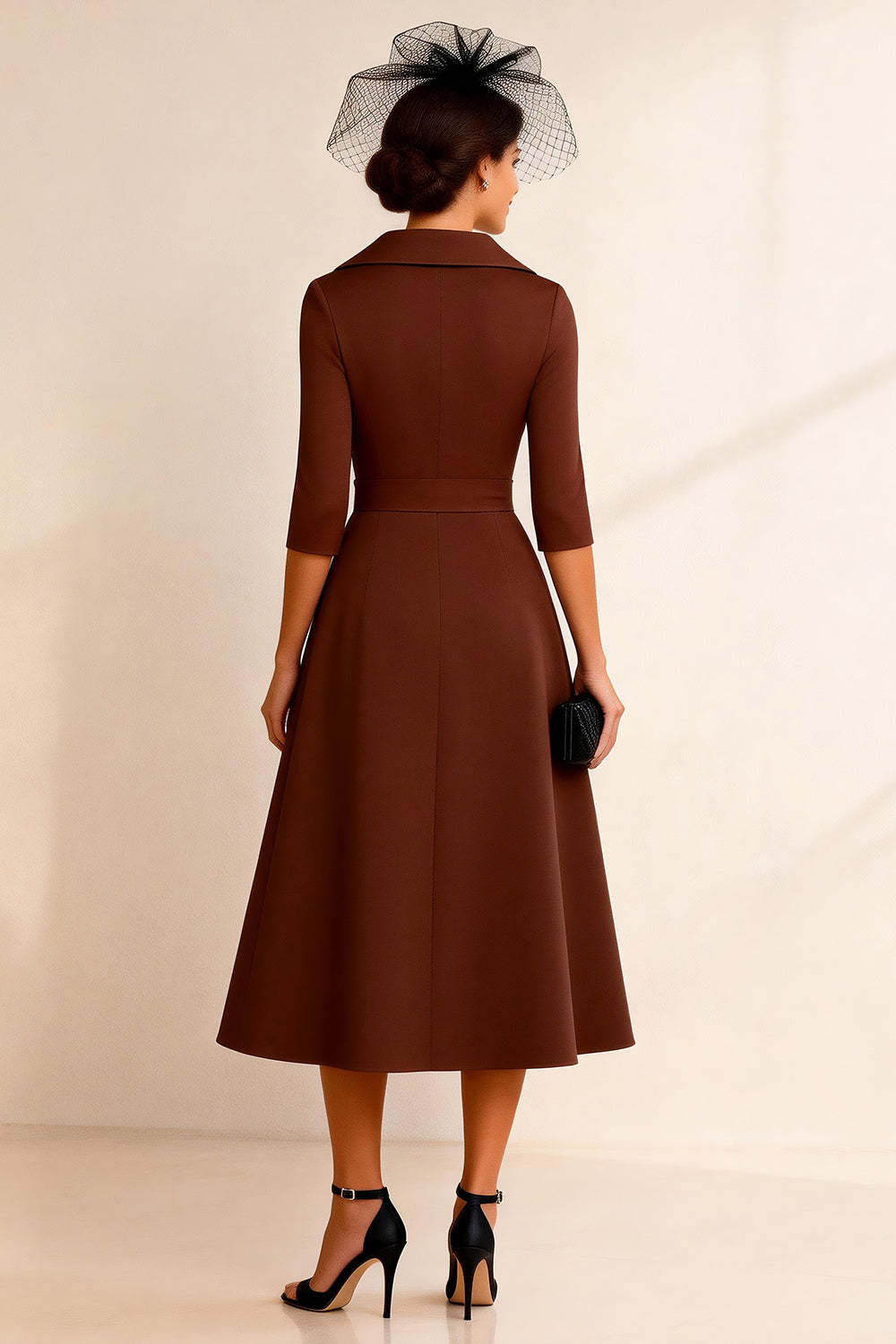 Dreamyannie Notched Lapel Chocolate A Line Midi Mother Of The Bride Dress