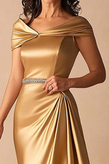 Dreamyannie Off The Shoulder A Line Gold Long Formal Dress