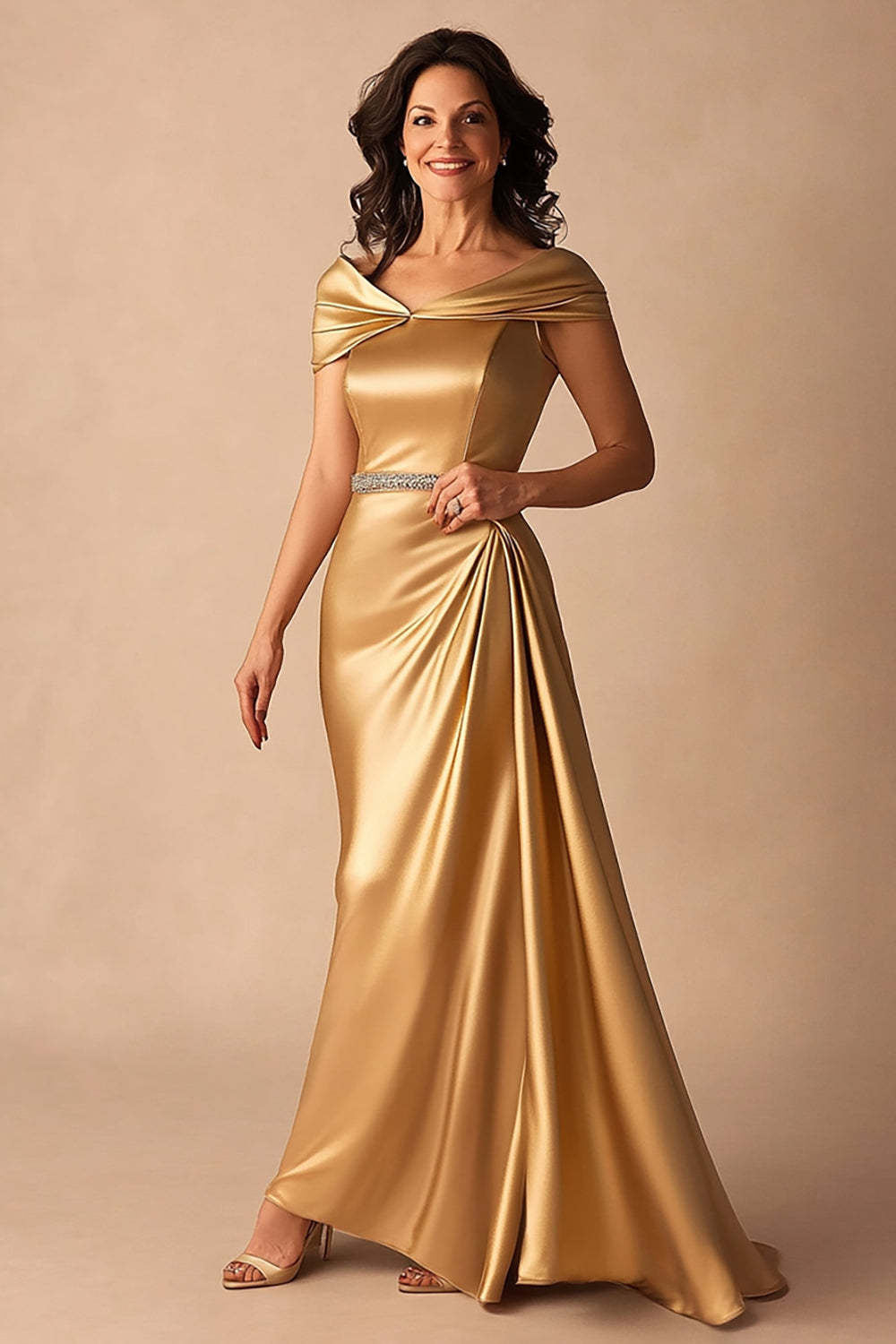 Dreamyannie Off The Shoulder A Line Gold Long Formal Dress
