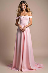 Dreamyannie Off The Shoulder A Line Pink Wedding Guest Dress Ruched Long Formal Dress